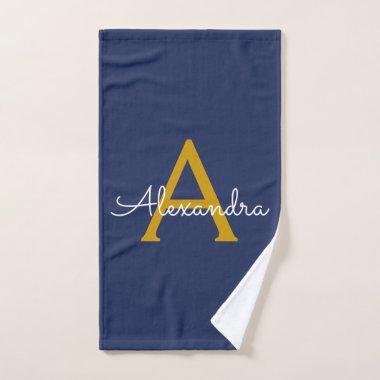 Navy Blue Gold Modern Script Girly Monogram Name Hand Towel