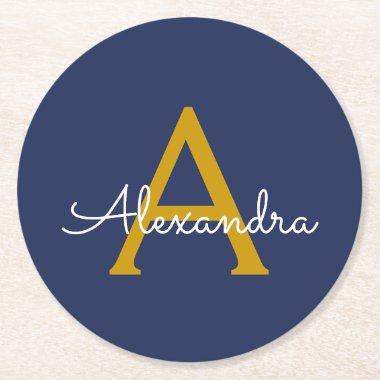 Navy Blue Gold Modern Script Girly Monogram Name Round Paper Coaster