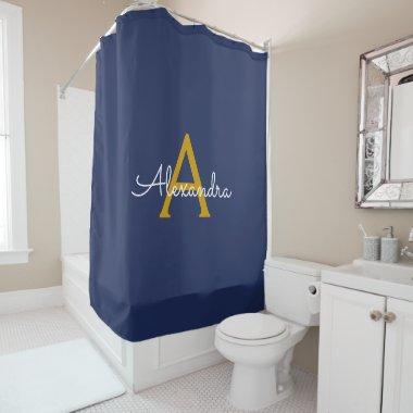 Navy Blue Gold Modern Script Girly Monogram Name Shower Curtain