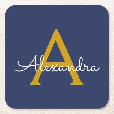 Navy Blue Gold Modern Script Girly Monogram Name Square Paper Coaster