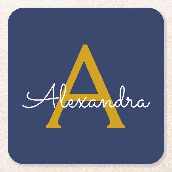 Navy Blue Gold Modern Script Girly Monogram Name Square Paper Coaster