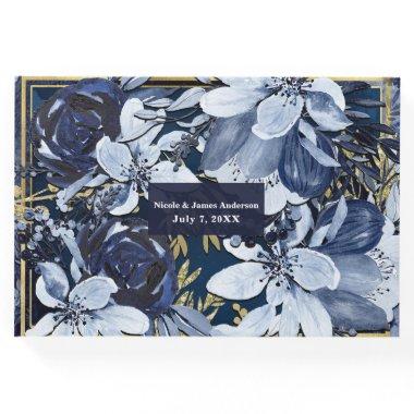 Navy Blue & Gold Modern Watercolor Floral Wedding Guest Book