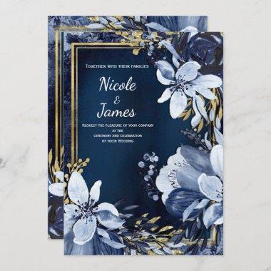 Navy Blue & Gold Modern Watercolor Floral Wedding Invitations