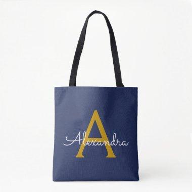 Navy Blue Gold Name Girly Script Monogram Modern Tote Bag
