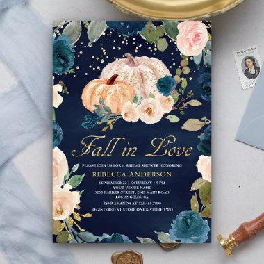 Navy Blue Gold Peach Floral Pumpkin Bridal Shower Invitations