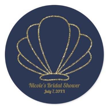 Navy Blue & Gold Sea Shell Mermaid Bridal Shower Classic Round Sticker