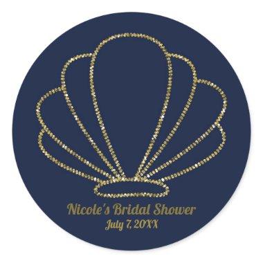 Navy Blue & Gold Sea Shell Mermaid Bridal Shower Classic Round Sticker