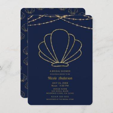 Navy Blue & Gold Sea Shell Mermaid Bridal Shower Invitations