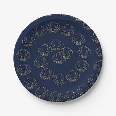 Navy Blue & Gold Sea Shell Mermaid Bridal Shower Paper Plates