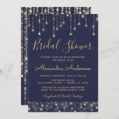 Navy Blue Gold String Lights Bridal Shower Invitations