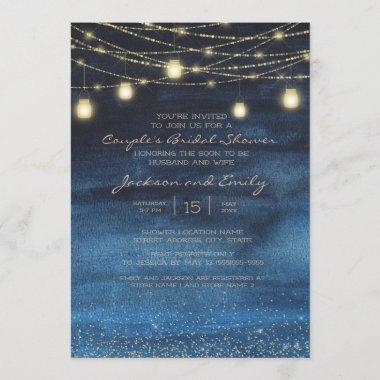 Navy Blue Gold String Lights Couple's Bridal Invitations