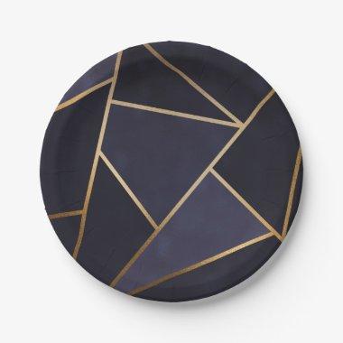 Navy Blue Gold Triangles Geometric Elegant Classy Paper Plates