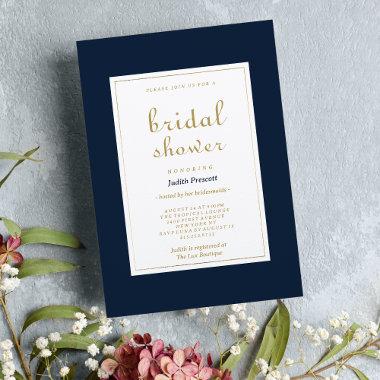 Navy blue gold vintage calligraphy Bridal Shower Invitations