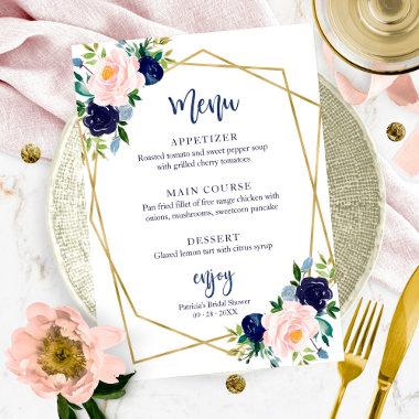 Navy Blue Gold Watercolor Bridal Shower Menu Invitations