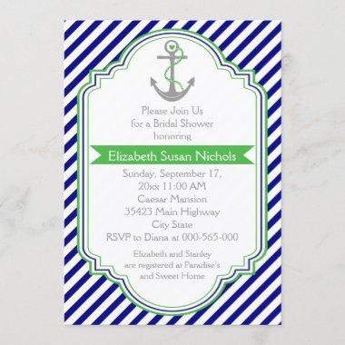 Navy blue, green nautical wedding bridal shower Invitations