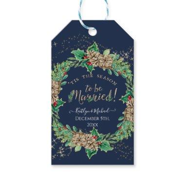Navy Blue Holly Gold Christmas Wreath Wedding Gift Tags