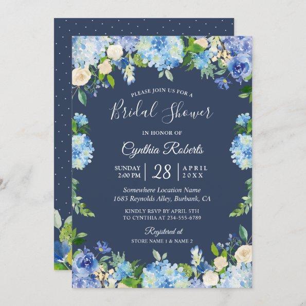 Navy Blue Hydrangea Floral Gorgeous Bridal Shower Invitations