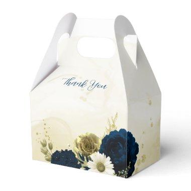 navy blue ivory white and gold flowers wedding favor boxes