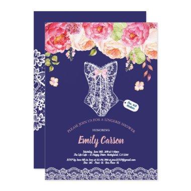 Navy blue lace lingerie shower bridal party Invitations