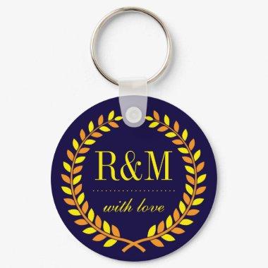 Navy Blue Laurel Wreath Monogram Wedding Keychain