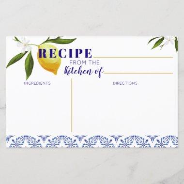 Navy Blue & Lemon Bridal Shower Recipe Invitations