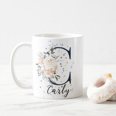 Navy Blue Letter C Peach Cream Floral Monogram Coffee Mug