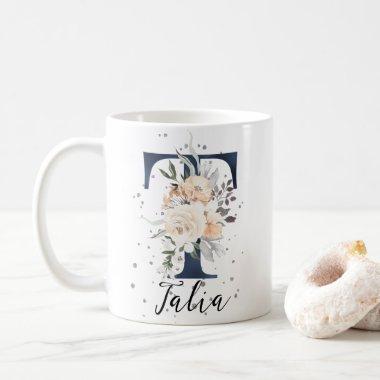 Navy Blue Letter T Peach Cream Floral Monogram Coffee Mug