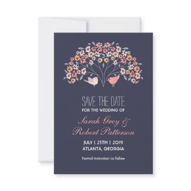 Navy Blue Love Birds Flower Wedding Save The Date