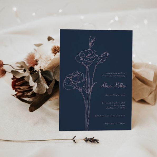 Navy Blue Minimalist Line Floral Bridal Shower Invitations