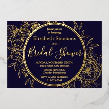Navy Blue Modern Line Peony Toile  Foil