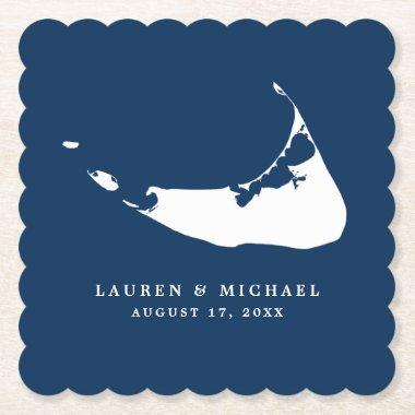 Navy Blue Nantucket Island Map Wedding Reception Paper Coaster
