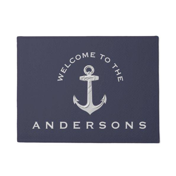 Navy Blue Nautical Anchor Custom Welcome Doormat