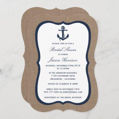 Navy Blue Nautical Anchor On Burlap Bridal Shower Invitations