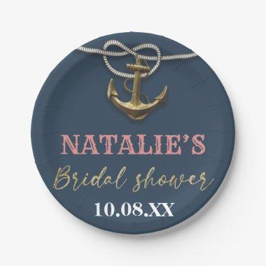 Navy Blue Nautical Gold Anchor Rope Bridal Shower Paper Plates
