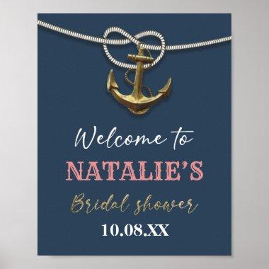 Navy Blue Nautical Gold Anchor Rope Bridal Shower Poster