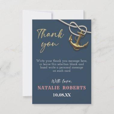 Navy Blue Nautical Gold Anchor Rope Bridal Shower Thank You Invitations