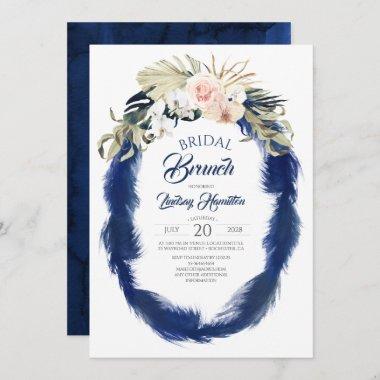 Navy Blue Pampas Grass Tropical Bridal Brunch Invitations