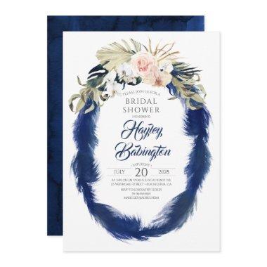 Navy Blue Pampas Grass Tropical Bridal Shower Invitations