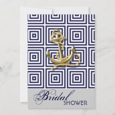 Navy Blue pattern anchor nautical bridal shower Invitations
