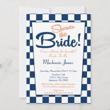 Navy Blue Peach Retro 50s Bridal Shower Invitations