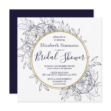 Navy Blue Peony Modern Toile Bridal Shower Invitations