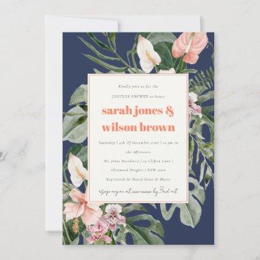 Navy Blue Pink Boho Tropical Floral Couples Shower Invitations