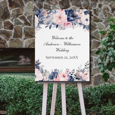 Navy Blue Pink Floral Flowers Wedding Welcome Sign