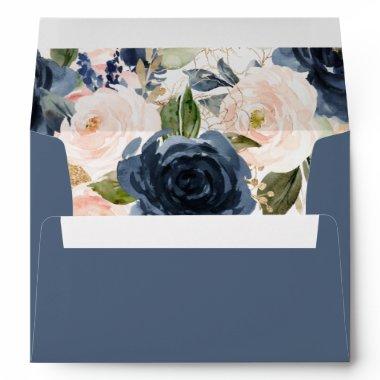 Navy Blue Pink Floral Watercolor Envelope