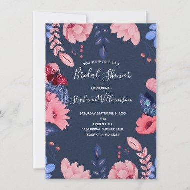 Navy Blue Pink Floral White Letters Bridal Shower Invitations