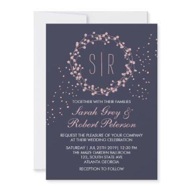 Navy Blue Pink Floral Wreath Wedding Invitations