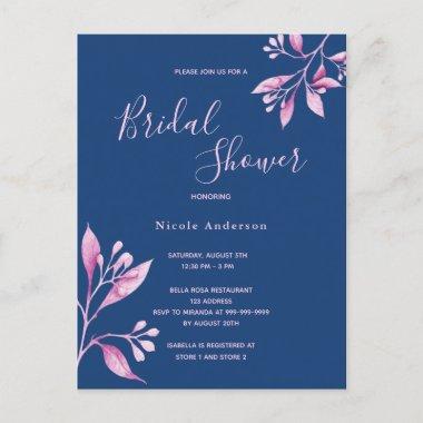 Navy Blue pink florals bridal shower invitation PostInvitations