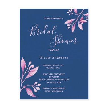 Navy Blue pink florals bridal shower invitation PostInvitations