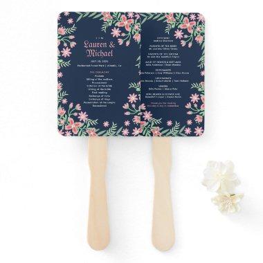 Navy Blue Pink Flower Swirl Spring Floral Wedding Hand Fan