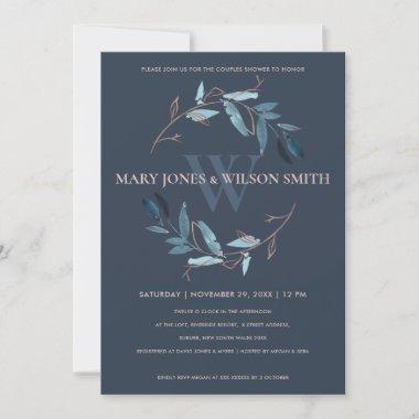 NAVY BLUE PINK FOLIAGE WREATH COUPLES SHOWER Invitations